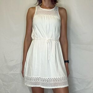 H&M Cream Cotton Lace Trim Sundress Sleeveless Tie Waist Boho Mini XS